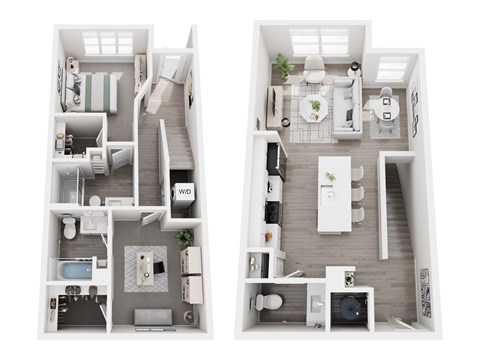 Floor plan layout of 1236 sf one-bedroom townhome apartment featuring two and one-half bathrooms, a den space, and patio.
